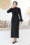 Fırfır Detaylı Siyah Tesettür Abiye Elbise 46331S