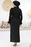 Fırfır Detaylı Siyah Tesettür Abiye Elbise 46331S