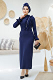 Fırfır Detaylı Lacivert Tesettür Abiye Elbise 46331L
