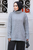 Desenli Gri Tesettür Triko Tunik Kazak 20441GR