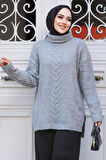 Desenli Gri Tesettür Triko Tunik Kazak 20441GR
