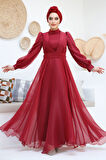 Drape Detaylı Bordo Tesettür Abiye Elbise 45701BR