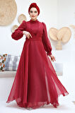 Drape Detaylı Bordo Tesettür Abiye Elbise 45701BR