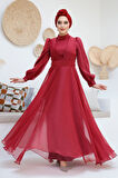 Drape Detaylı Bordo Tesettür Abiye Elbise 45701BR