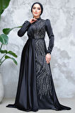 Kuyruklu Siyah Tesettür Saten Abiye Elbise 4303S