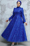 Payet Boncuk İşlemeli Sax Mavisi Tesettür Abiye Elbise 4908SX