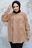 Boncuk İşlemeli Camel Tesettür Gömlek 45270C