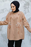 Boncuk İşlemeli Camel Tesettür Gömlek 45270C