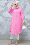 Düğmeli Pembe Tesettür Tunik 10784P