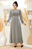 Simli Gri Tesettür Abiye Elbise 42541GR