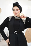 Boncuk İşlemeli Siyah Tesettür Abaya Takım 43201S