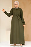 Kolları Pileli Haki Tesettür Elbise 10124HK