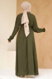 Kolları Pileli Haki Tesettür Elbise 10124HK