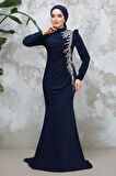 Boncuk İşlemeli Lacivert Tesettür Abiye Elbise 4964L