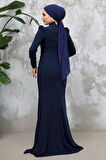 Boncuk İşlemeli Lacivert Tesettür Abiye Elbise 4964L