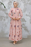Çiçek Desenli Pudra Tesettür Elbise 32816PD