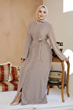 Boncuk İşlemeli Bej Tesettür Abaya 29118BEJ