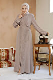 Boncuk İşlemeli Bej Tesettür Abaya 29118BEJ