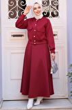 Düğmeli Bordo Tesettür Etekli İkili Takım 12261BR