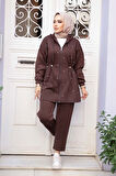 Kapşonlu Koyu Kahverengi Tesettür İkili Takım 12271KKH