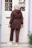 Kapşonlu Koyu Kahverengi Tesettür İkili Takım 12271KKH