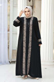 Desen Detaylı Siyah Bej Tesettür Ferace 29112SBEJ