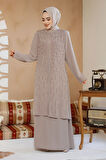 Boncuk İşlemeli Bej Tesettür Abaya 29119BEJ