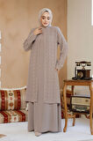 Boncuk İşlemeli Bej Tesettür Abaya 29120BEJ
