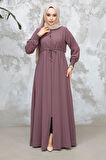Fermuarlı Gül Kurusu Tesettür Abaya 81291GK