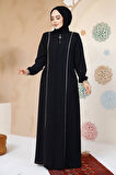 Şerit Detaylı Siyah Tesettür Abaya 8148S