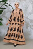 Çiçek Desenli Camel Tesettür Elbise 25491C