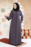 Boncuk İşlemeli Füme Tesettür Abaya 61365FU
