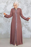 Desenli Şeritli Gül Kurusu Tesettür Abaya 18004GK