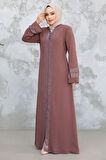 Desenli Şeritli Gül Kurusu Tesettür Abaya 18004GK