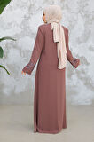 Desenli Şeritli Gül Kurusu Tesettür Abaya 18004GK