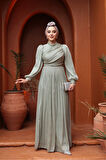 Drape Detaylı Mint Tesettür Abiye Elbise 44081MINT