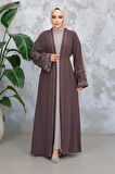 Nakış Desenli Kahverengi Tesettür Abaya Takım 29126KH