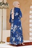 Çiçek Desenli İndigo Mavisi Tesettür Elbise 22055IM