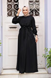 Kemerli Siyah Tesettür Elbise 23841S