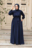 Kemerli Lacivert Tesettür Elbise 23841L