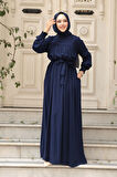 Kemerli Lacivert Tesettür Elbise 23841L