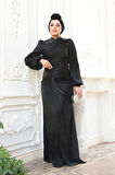 Drapeli Siyah Tesettür Abiye Elbise 50781S