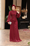 Drapeli Bordo Tesettür Abiye Elbise 50781BR