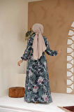 Çiçek Desenli Haki Tesettür Elbise 27961HK