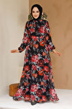 Çiçek Desenli Siyah Tesettür Elbise 27962S