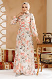 Çiçek Desenli Ekru Tesettür Elbise 27964E
