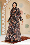 Çiçek Desenli Siyah Tesettür Elbise 27968S