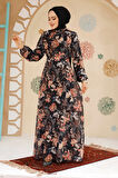 Çiçek Desenli Siyah Tesettür Elbise 27968S