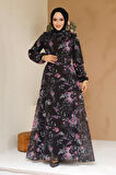 Çiçek Desenli Siyah Tesettür Elbise 27960S