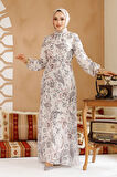 Çiçek Desenli Ekru Tesettür Elbise 27972E